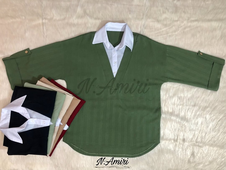 شومیز یقه دار سبز زیتونی