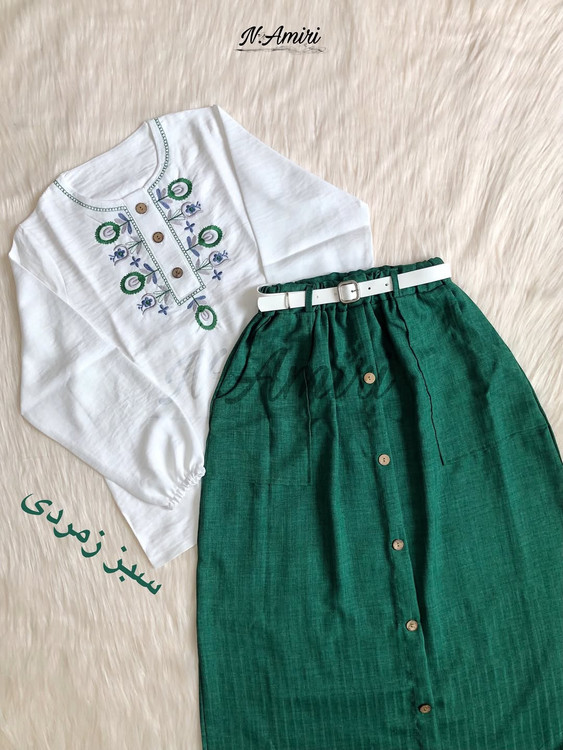 ست شومیزدامن کمربندار سبززمردی