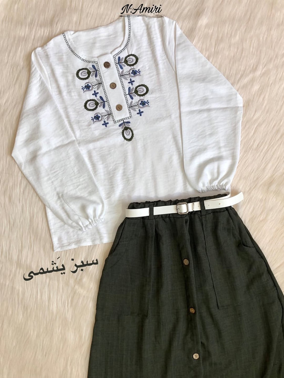 ست شومیزدامن کمربندار سبزیشمی