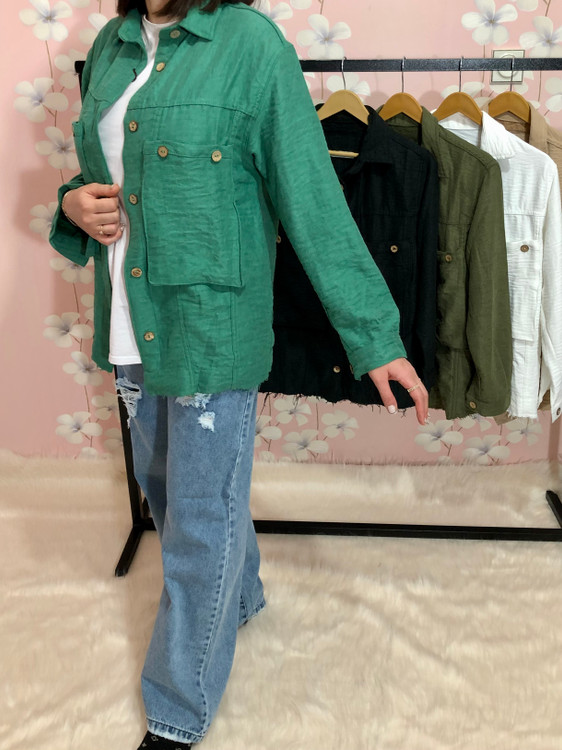 شومیز کتان جیبدار سبز