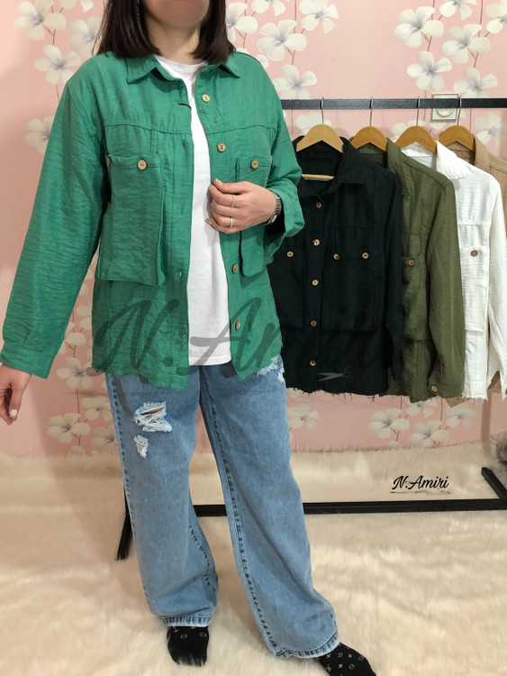 شومیز کتان جیبدار سبز