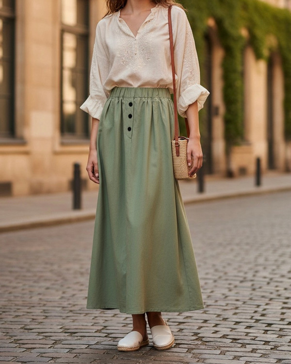 دامن لینن نخ سبز ماچا