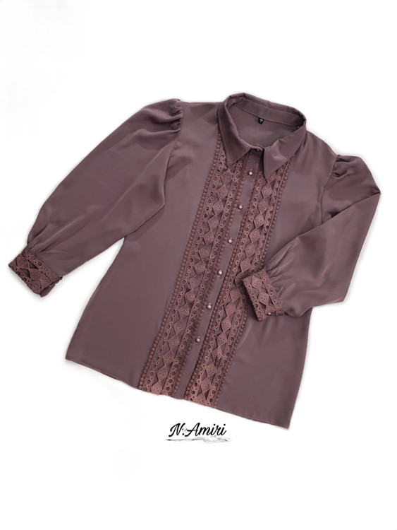 شومیز مجلسی کرپ زارا گیپور دار رنگ طوسیبنفش