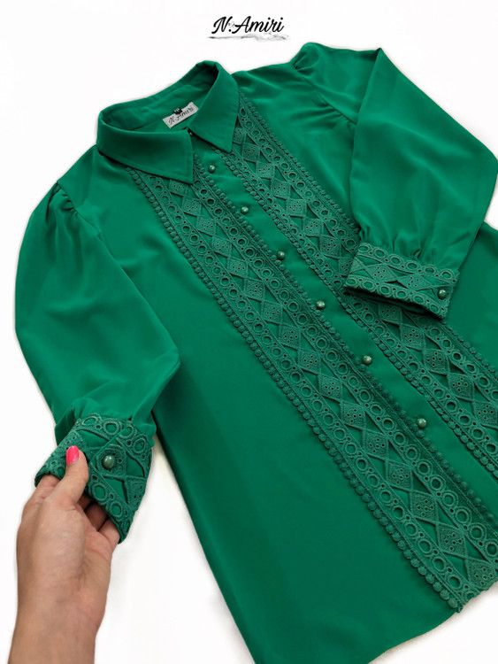 شومیز مجلسی کرپ زارا گیپور دار سبز