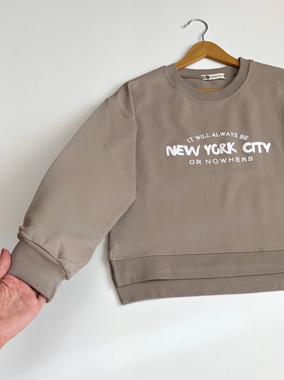 بلوز دورس کراپ زنانه آستین بلند یقه گرد طوسی خاکی