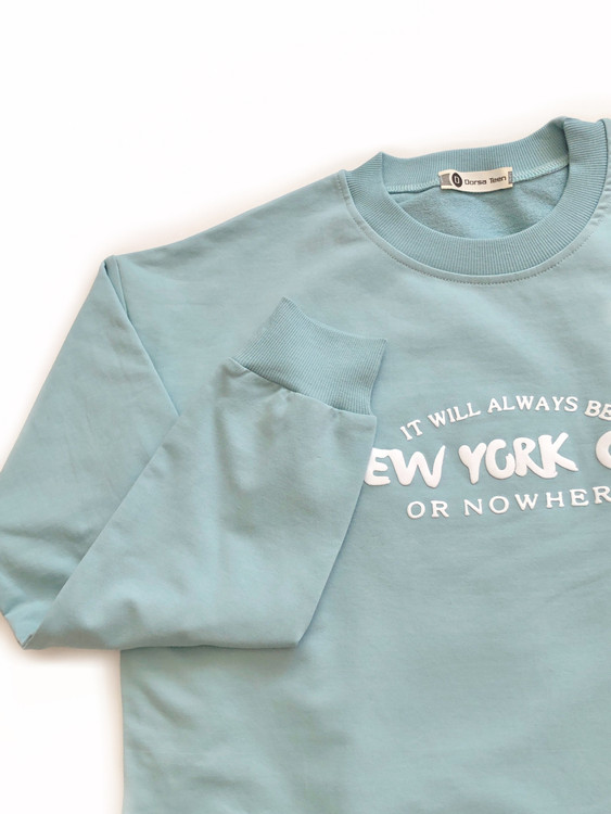 بلوز دورس کراپ زنانه آستین بلند یقه گرد آبی روشن